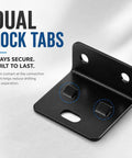 Dual lock tabs on a black steel right angle bracket, part of Eight Pack Quick Fitting Furniture Joint Brackets With Screws Heavy Duty Steel Right Angle L Shape Corner Braces For Wardrobes Cabinets Tables And Beds No Fuss DIY Friendly Install White