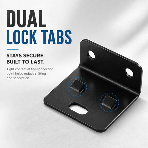 Dual lock tabs on a black steel right angle bracket, part of Eight Pack Quick Fitting Furniture Joint Brackets With Screws Heavy Duty Steel Right Angle L Shape Corner Braces For Wardrobes Cabinets Tables And Beds No Fuss DIY Friendly Install White