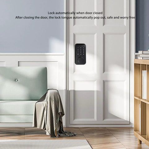 Badass Keyless Entry Lock Set With Fingerprint Scanner And Auto Electronic Keypad Deadbolt Digital Smart Code Setup Featuring Hella Smooth Lever Handle In Matte Black mounted on a white door.
