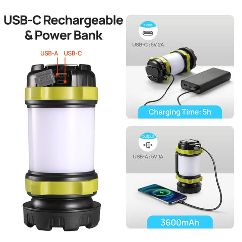 Two Pack LED Camping Lantern And Flashlight Rechargeable With USB C Port 3600mAh Power Bank showing USB inputs and outputs