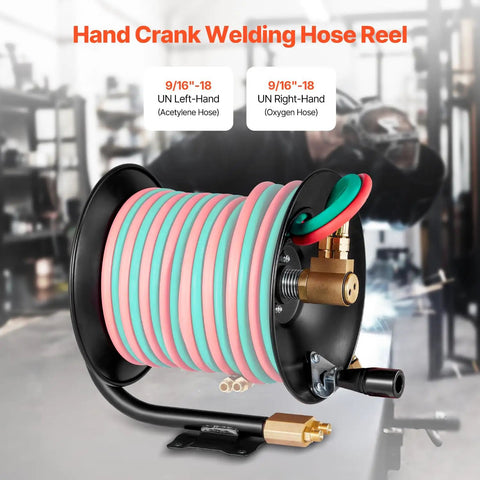 Heavy Duty Welding Hose Reel With Hand Crank Rewind Three Foot Lead In Hose And 9/16-18 BF Fittings in a workshop setting.