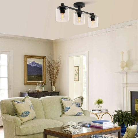 Living room with 3 Light Semi Flush Mount Ceiling Light With Glass Shade For Hallway Loft Kitchen And Bar, Industrial Pendant Fixture, Dope Modern Rustic Chandelier For Home, 120V, Ideal Over Island Or Counter