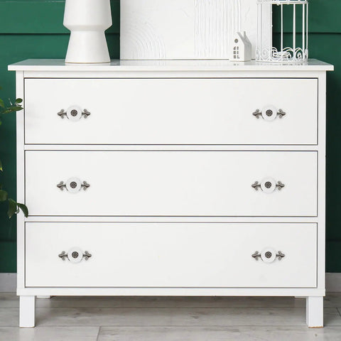 White dresser with Retro Ceramic Cabinet Knobs Set of 4 1-1/4 Inch White Vintage Round Drawer Pulls With Backplates installed