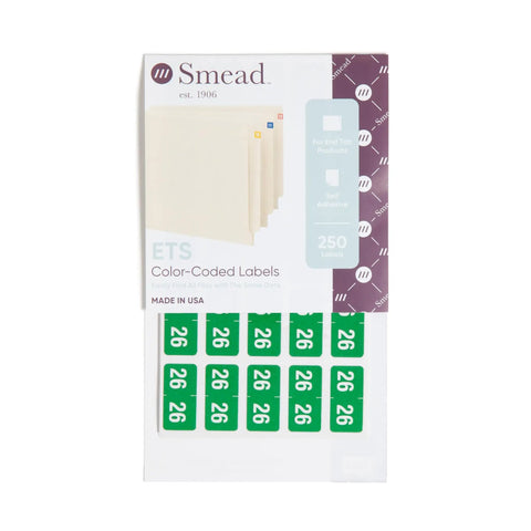 2026 Year Labels 250 Pack Green Color Code File Folder Labels With Wraparound End Tab Design Durable Laminated For Fast Easy File Organization And Date Tracking in packaging with visible green labels and file folder image.
