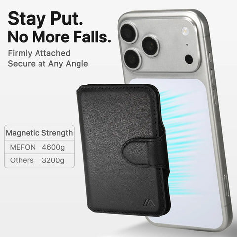 MagSafe Wallet With RFID Blocking Magnetic Card Holder For iPhone 17 16 15 14 13 12 Series attached to phone in Midnight Black