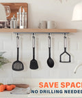 Heavy Duty Magnetic Hooks 80 Lb Capacity With Neodymium Grade 5 Magnets And Steel Construction installed in kitchen holding utensils