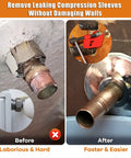 Before and after using Compression Sleeve Puller for Half Inch Copper Pipe; easy ferrule and nut removal tool, no wall damage.