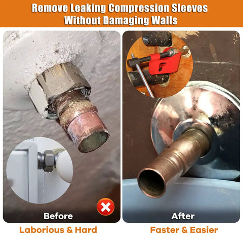 Before and after using Compression Sleeve Puller for Half Inch Copper Pipe; easy ferrule and nut removal tool, no wall damage.