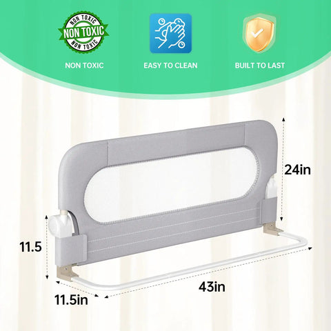 Foldable Toddler Bed Rail Guard With Bulletproof Anchor Strap And Zero Slide Base Design Heavy Duty Grey Toddler Barrier Rails 43x24 inches