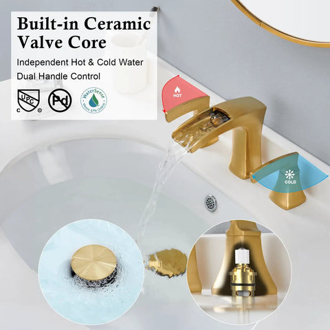 Brushed Gold Waterfall Bathroom Faucet With 3 Hole Widespread Deck Mount Pro Grade Lead Free Brass Vanity Faucet With Two Handles Pop Up Drain And Supply Hoses Included MP107BG showing water flow and dual handle controls in close-up view