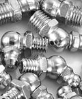 Close-up of 45Pcs Brass Zerk Grease Nipple Fitting Assortment Kit M6 M8 M10 for hot air guns and machinery, Ni-plated metal.