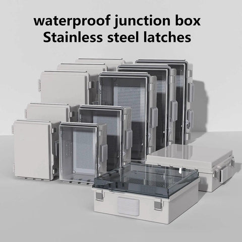 Hella Tough ABS Electrical Junction Box With Ventilated Channels And Cable Grommets Straight Up IP65 Weatherproof Enclosure showing multiple sizes.
