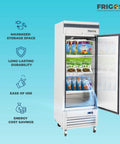 Top Shelf One Door Reach In Freezer Packing 23 Cubic Feet Of Roomy Cold Storage Built Tough For Hustling Commercial Kitchens Featuring Flexible Shelves And Solid Stainless Steel Finish with open door showcasing shelves of frozen goods.