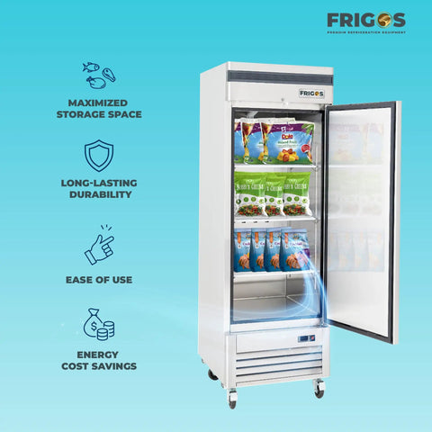 Top Shelf One Door Reach In Freezer Packing 23 Cubic Feet Of Roomy Cold Storage Built Tough For Hustling Commercial Kitchens Featuring Flexible Shelves And Solid Stainless Steel Finish with open door showcasing shelves of frozen goods.
