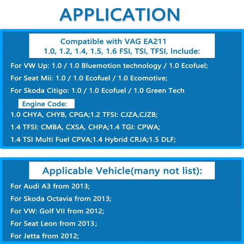 Application details for Pro Grade Camshaft And Crankshaft Timing Tool Set For VAG EA211 Engines 1.0L 1.2L 1.4L 1.6L FSI TSI TFSI