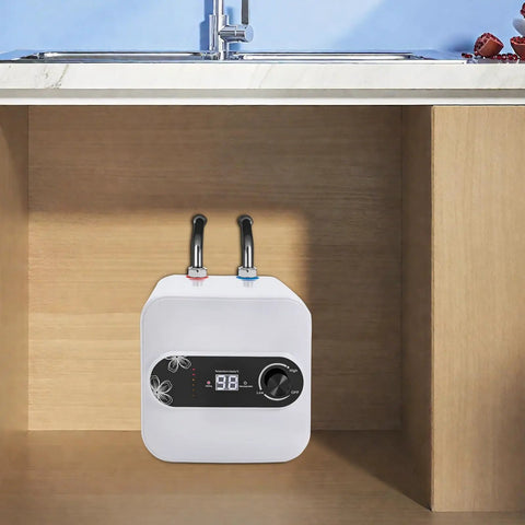 No-Fuss Compact Under Sink Electric Water Heater 2.1 Gallon Tank 110V 1500W installed under kitchen sink with display and controls.