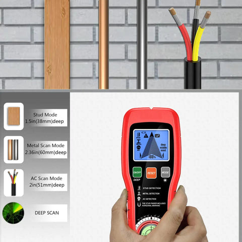Heavy Duty 5 In 1 Stud Finder Wall Scanner With Bright LCD Panel And Smart Chip To Zero In On Wood Joists AC Cables And Metal Buried Depth No Sweat While Delivering Major Bang For Your Buck Value