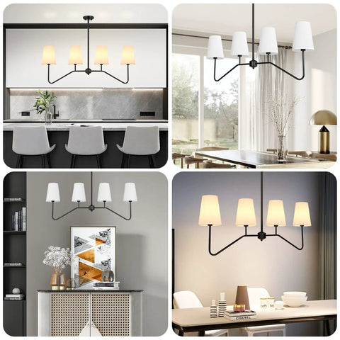 Linear Pendant Chandelier For Kitchen Island With Four Lights, Sleek Black Metal Fixture Over Table, Modern Dining Room Lighting, 4 Light Chandeliers With White Fabric Shades, Bulb Not Included