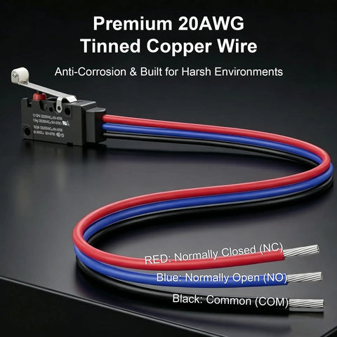Heavy Duty IP67 Waterproof Micro Switch UL Recognized Component 10 Amp High Current Limit Switch with tinned copper wire connectors.