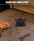 Beefy Heavy Duty Double Roller Door Latch Lock in Black Zinc Alloy and Stainless Steel on wooden surface with screws.