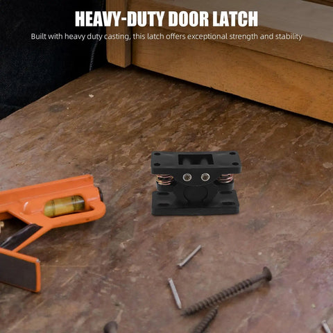 Beefy Heavy Duty Double Roller Door Latch Lock in Black Zinc Alloy and Stainless Steel on wooden surface with screws.