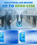 Industrial air mover with 4000 CFM shown in warehouse, displaying 16.5 Inch Axial Blower Exhaust Fan Heavy Duty Industrial Vent Fan With 4000 CFM High Velocity Airflow Dual Speed Adjustable Portable For Shops Worksites Construction Sites And Confined Spaces.