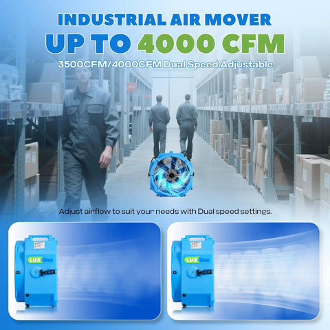Industrial air mover with 4000 CFM shown in warehouse, displaying 16.5 Inch Axial Blower Exhaust Fan Heavy Duty Industrial Vent Fan With 4000 CFM High Velocity Airflow Dual Speed Adjustable Portable For Shops Worksites Construction Sites And Confined Spaces.