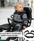 Child in seat wearing Two-Stage Child Safety Harness For Bikes Trikes And Motorcycles Adjustable Safety Belt