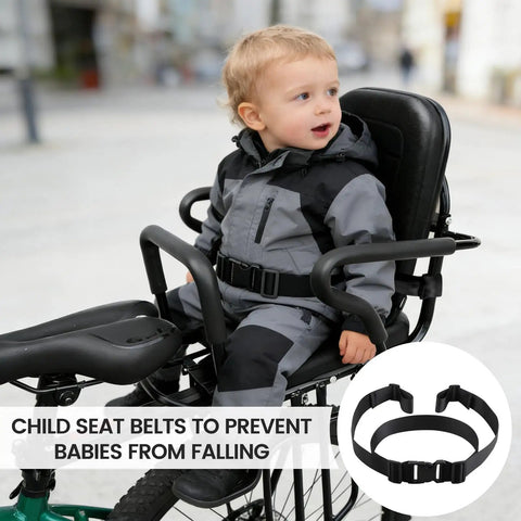 Child in seat wearing Two-Stage Child Safety Harness For Bikes Trikes And Motorcycles Adjustable Safety Belt