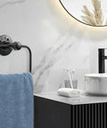 Five Piece Industrial Pipe Bathroom Accessories Hardware Kit with towel ring, black rustic finish, wall-mounted in sleek bathroom.