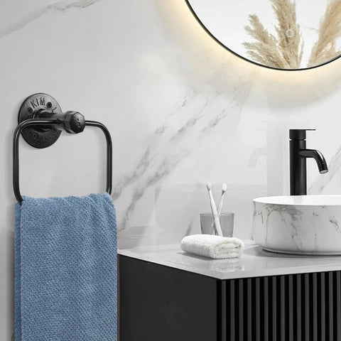 Five Piece Industrial Pipe Bathroom Accessories Hardware Kit with towel ring, black rustic finish, wall-mounted in sleek bathroom.