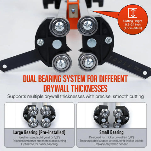 Pro Grade Drywall Cutter With Dual Bearing System Foldable Frame For Five Eighths To Twenty Four Inch Sheets Adjustable Sheetrock Tool close-up of rollers and thickness guide