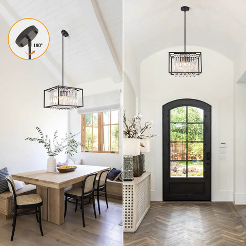 Modern Farmhouse Black Metal 4 Light Chandelier With Crystal Square Pendant Lights Industrial Pendant Light For Dining Room Kitchen Island Living Room Foyer Hallway Entryway 15.75 Inch
