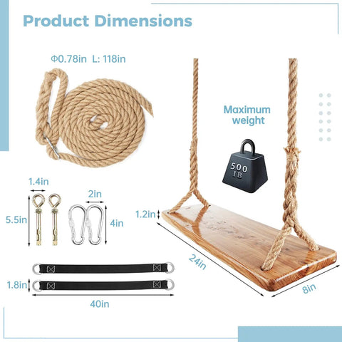 Heavy Duty Wooden Tree Swing For Adults And Kids, 500 Lb Load Capacity, 118 Inch Adjustable Hemp Rope Straps, Elm Wood Seat With Natural Grain
