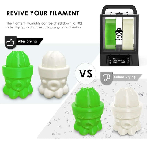 Comparison of 3D filament drying effect with 3D Printer Filament Dryer Box With Auto Rotation And Humidity Hold shown on the side