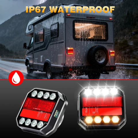SAKFEP magnetic wireless trailer lights kit installed on an RV/trailer; IP67 waterproof LED brake/turn/tail lights