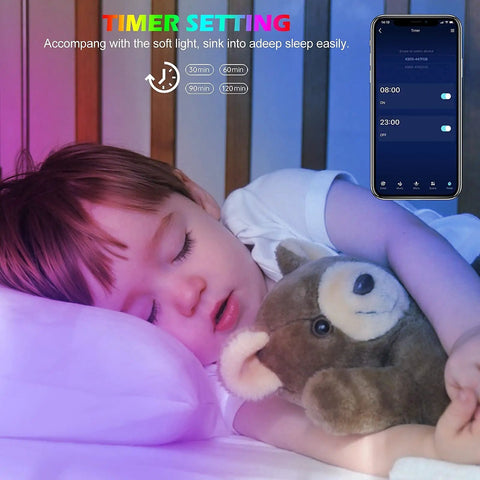 Child sleeping with timer settings visible, showcasing RGB LED Rope Lights for Bedrooms and Party Vibes, 65.6Ft LED Strip With Music Sync