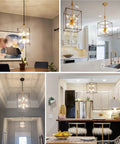 Collage featuring 9-Light Industrial Lantern Chandelier in various indoor settings, displaying its black and brass finish.