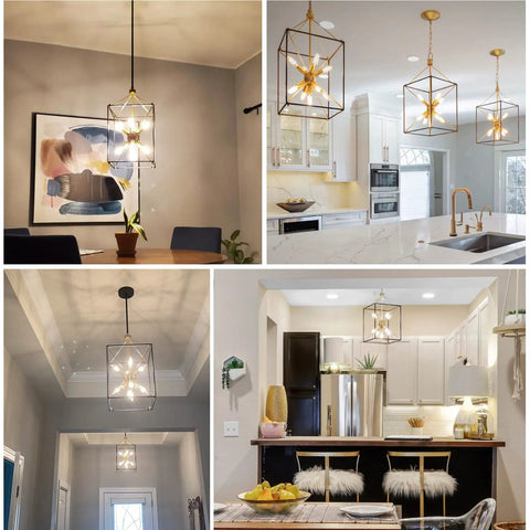 Collage featuring 9-Light Industrial Lantern Chandelier in various indoor settings, displaying its black and brass finish.