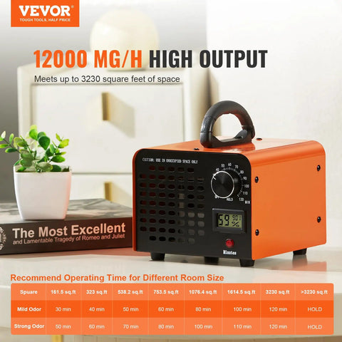 Heavy Duty Commercial Ozone Generator With Adjustable 0 To 120 Minute Timer To Blast Mold Smoke And Pet Odors Straight Up In Cars Homes And Garages Today on a table with plant and book.