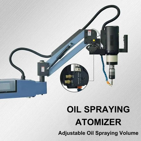 Electric Tapping Arm With Cantilever Design showing adjustable oil spray atomizer for drilling tasks in metalworking