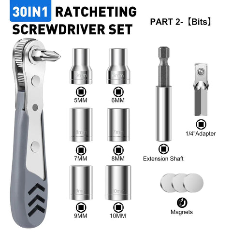30in1 Right Angle Screwdriver Kit With 36-Tooth Mini Ratchet Wrench For Tight Spots And Tight Corners, includes bits and sockets