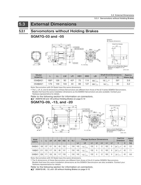 Sigma-7 SGM7G servo motor external dimensions diagram showing models 03/05 and 09–20 (without holding brakes)