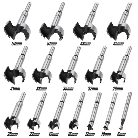 Premium High Carbon Steel Forstner Drill Bit Set For Woodworking, 16 Round Shank Bits ranging 6 to 54 mm for precise drilling.