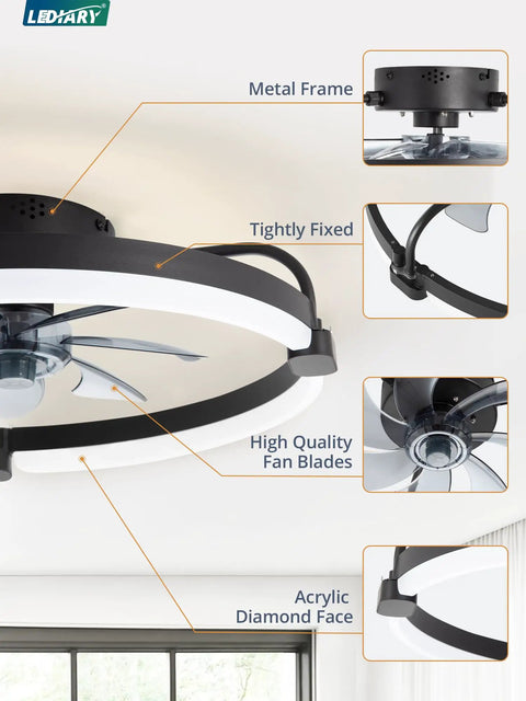 Ceiling Fan With Lights And Remote And App Control 20 Inch Low Profile Flush Mount Fandelier with metal frame and high quality fan blades.