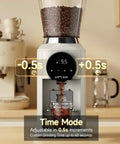 Next Level Electric Burr Coffee Grinder With 34 Dead Simple Settings And 40 Millimeter Stainless Steel Conical Burrs For Smooth Daily Brews In Clean White Setup, featuring digital timer adjustments.