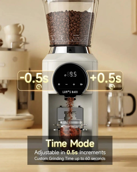 Next Level Electric Burr Coffee Grinder With 34 Dead Simple Settings And 40 Millimeter Stainless Steel Conical Burrs For Smooth Daily Brews In Clean White Setup, featuring digital timer adjustments.