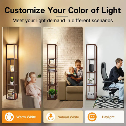 Floor Lamp With Shelves And LED USB Type C Ports Built In AC Outlet Three Color Temperatures in living room, bedroom, office