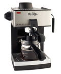 The Real Deal 4 Cup Steam Espresso System With Built In Frothing Arm For Rich Coffee And Creamy Lattes Easy Peasy Setup, black and stainless steel design.