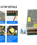 No Fuss Heavy Duty 240W DC Switching Power Supply With Adjustable 0 To 48V Output 5 Amps Max Draw plug and play cord detail images.